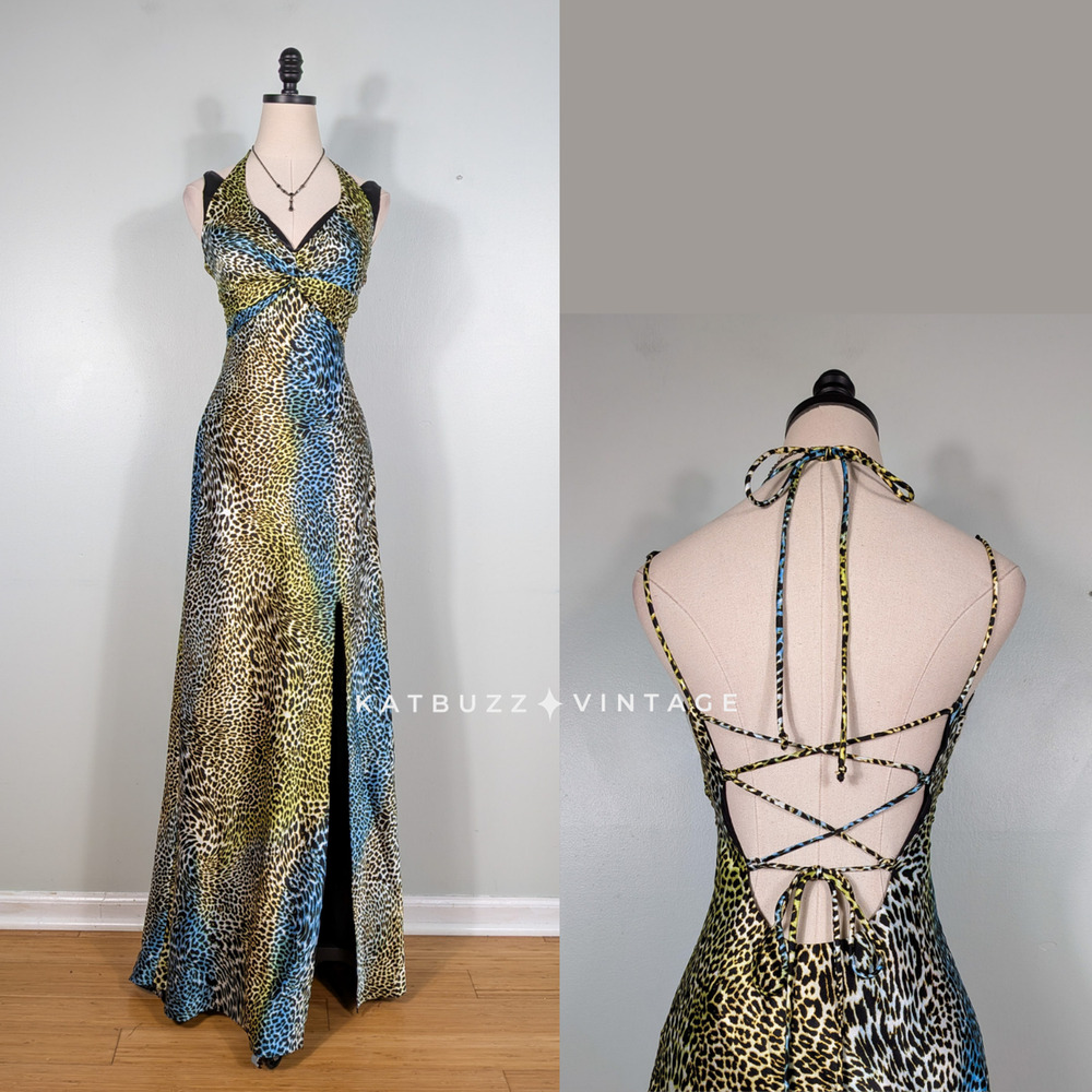 Vintage Livas Prom Dress Maxi Gown 8 Animal Blue Black Corset Y2K Glam Leopard